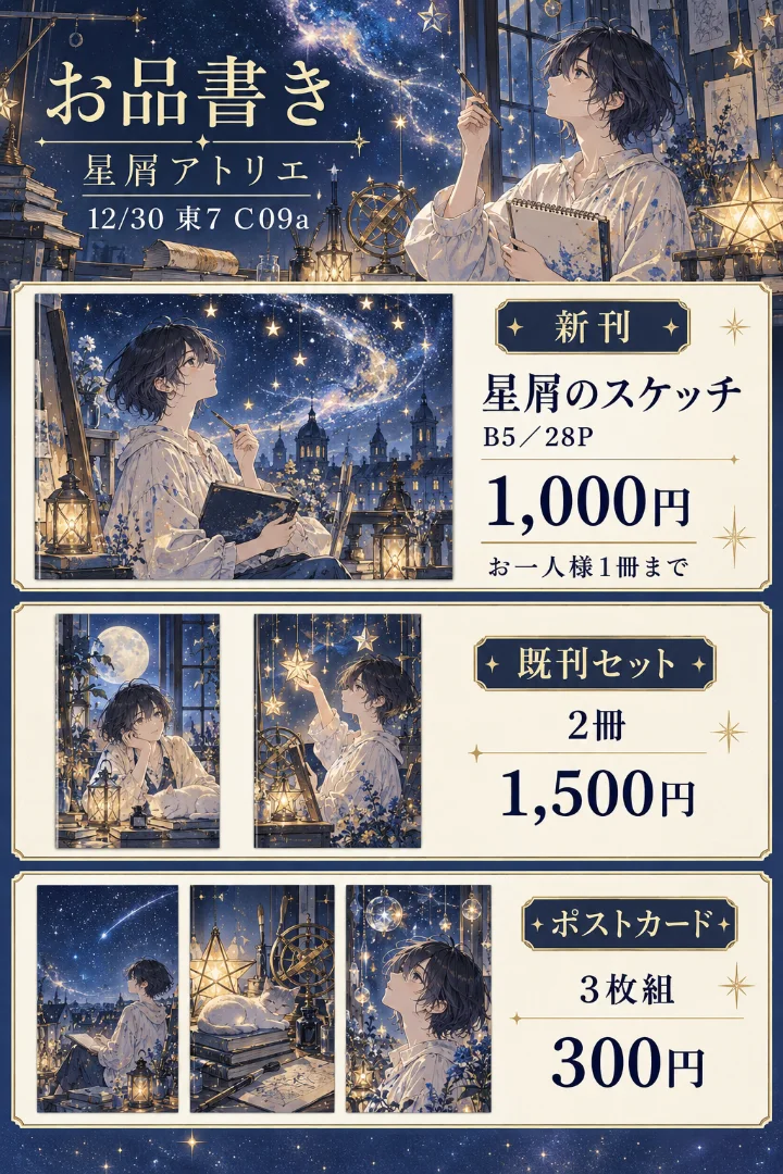 架空のサークル「星屑アトリエ」のお品書き。新刊・既刊セット・ポストカードの絵と価格が並ぶ